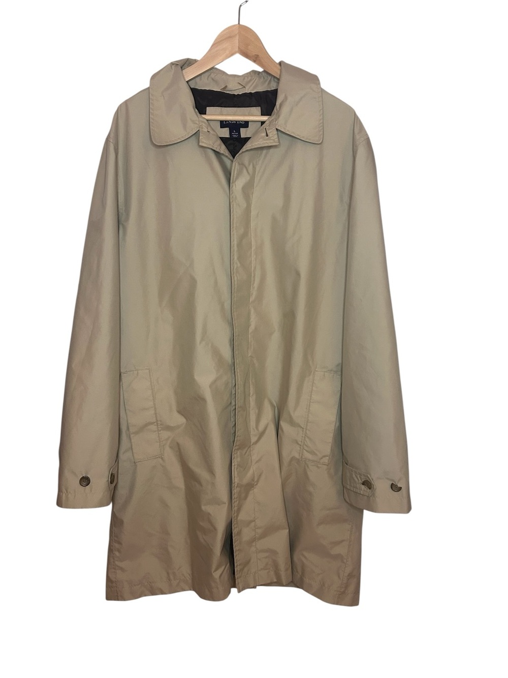 Lands’ End Men’s Large Tan Trench Coat Rain Jacket Lined Classic Car Coat
